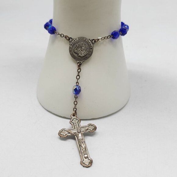 Vintage Rosary Automobile Saint Christopher Medal Crucifix Blue Crystal Beads - Picture 1 of 6